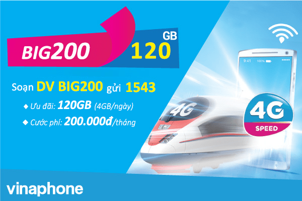 Đăng ký gói cước BIG200 Vinaphone ưu đãi 120GB data cả tháng