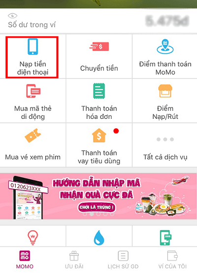 Làm thế nào để nạp tiền vinaphone bằng ví điện tử Momo?