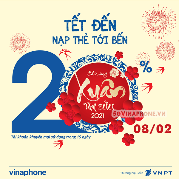 Vinaphone khuyến mãi ngày 8/2/2021 ưu đãi 20% giá trị tiền nạp toàn quốc