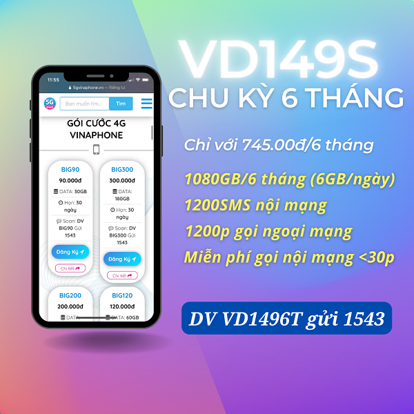 Cách đăng ký gói cước VD149S 6T Vinaphone miễn phí data, gọi, SMS