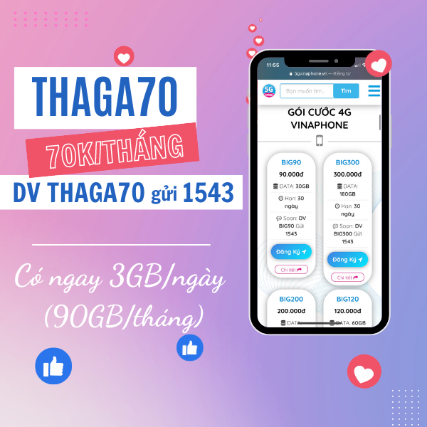 Đăng ký gói cước THAGA70 Vinaphone miễn phí 90GB 1 tháng 