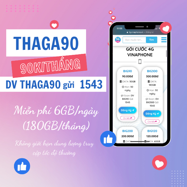 Đăng ký gói cước THAGA90 Vinaphone miễn phí 180GB data 1 tháng