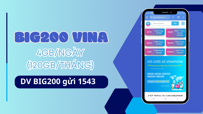 Gói BIG200 Vinaphone ưu đãi 120GB/tháng giá chỉ 200k