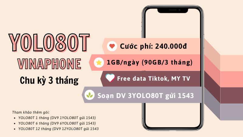 Đăng ký gói cước 3YOLO80T Vinaphone có 90GB, Free data Tiktok và MY TV