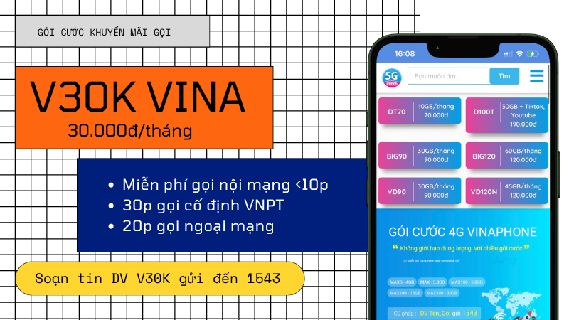 Đăng ký gói cước V30K Vinaphone gọi free thả ga cả tháng 