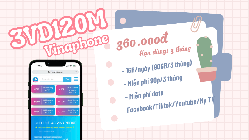 Đăng ký gói cước 3VD120M Vinaphone miễn phí 90GB data và gọi cả tháng 