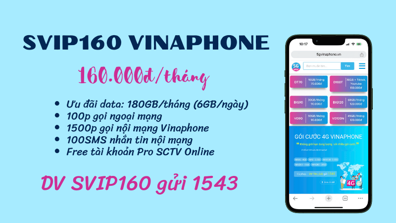 Đăng ký gói cước SVIP160 Vinaphone có 180GB/tháng, free gọi và nhắn tin